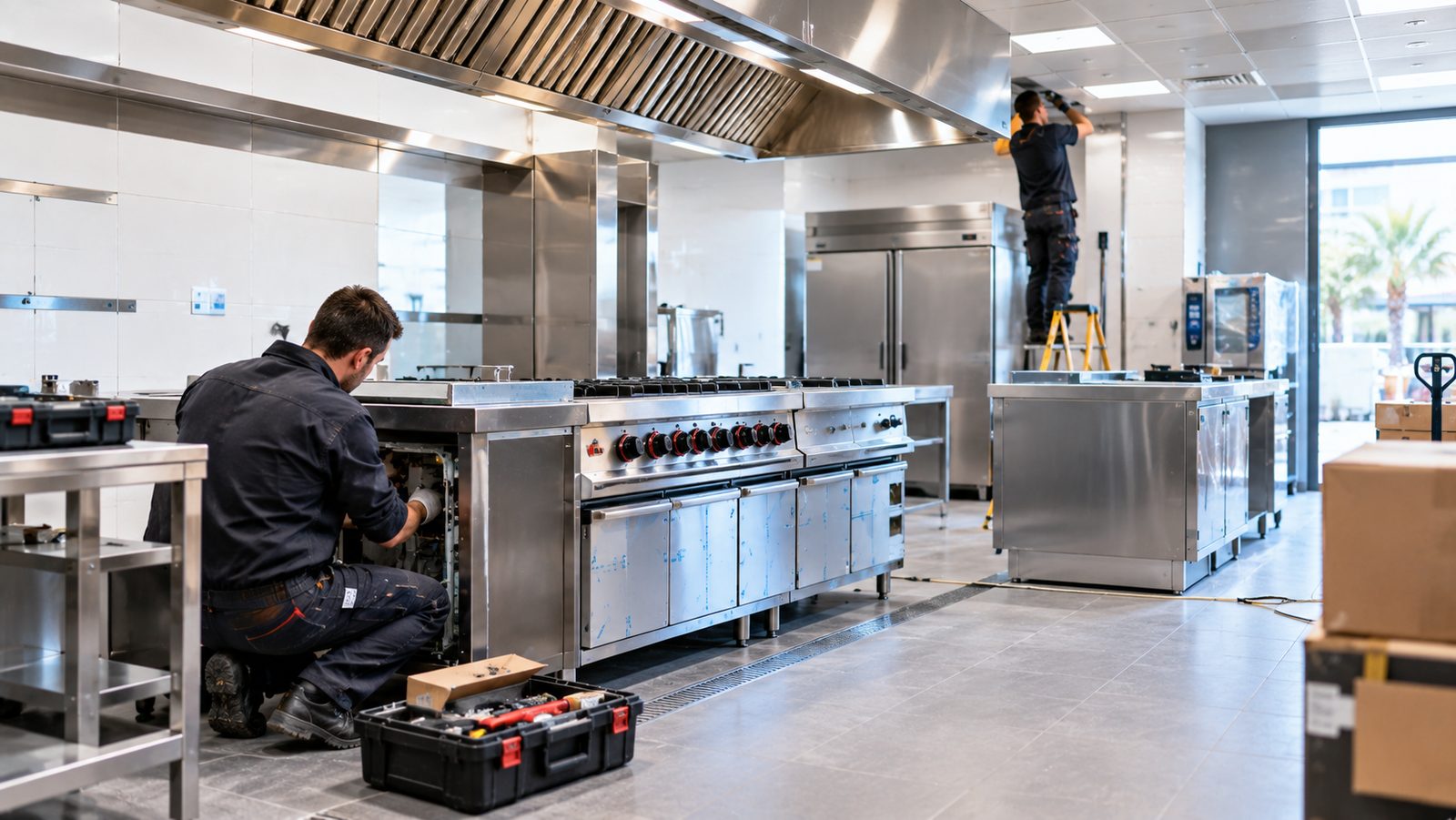 Instalación de maquinaria de cocina industrial en un local nuevo